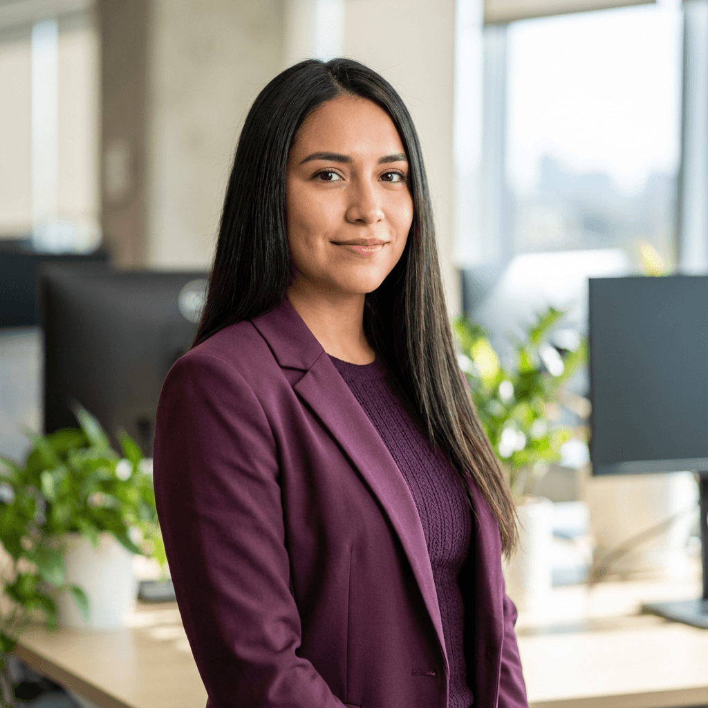 Professional Hispanic woman in a blazer reviewing a clipboard in a warehouse