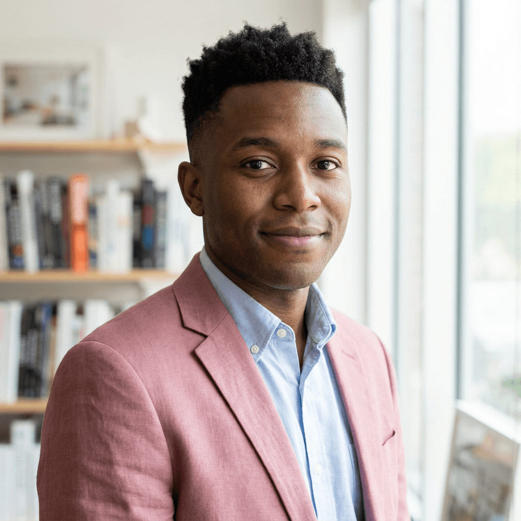Friendly Black man in a smart casual outfit in a modern warehouse