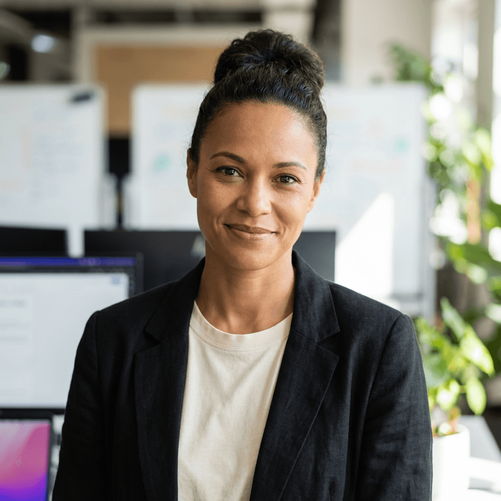 Confident White woman in casual professional attire standing in a bright warehouse