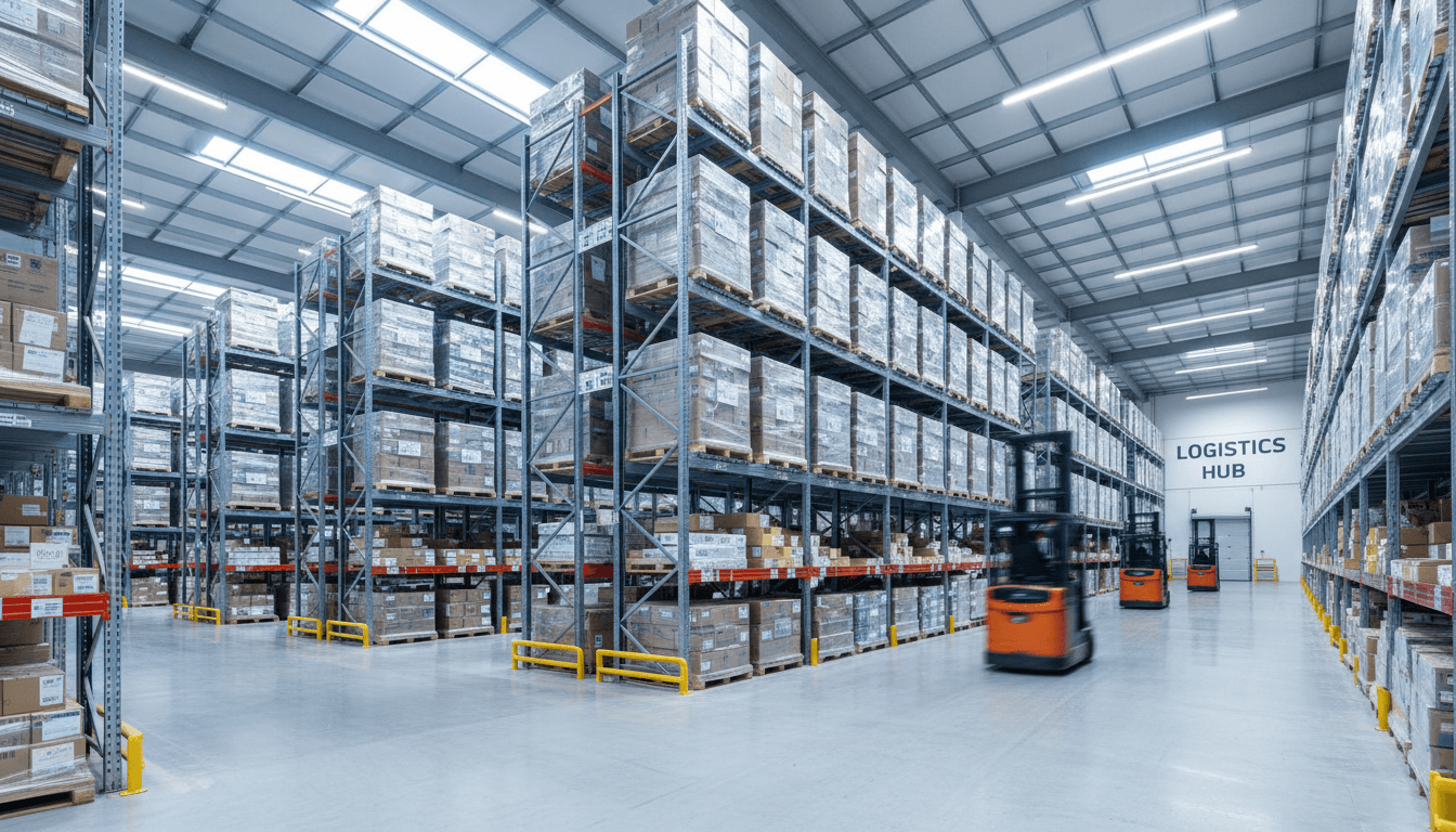 Bright organized warehouse interior with tall storage racks and stacked pallets in Toronto