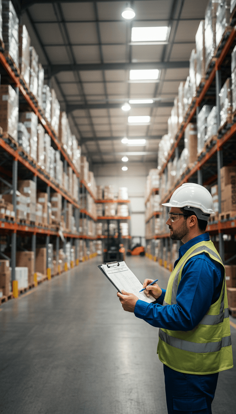 Warehouse worker reviewing inventory with a clipboard