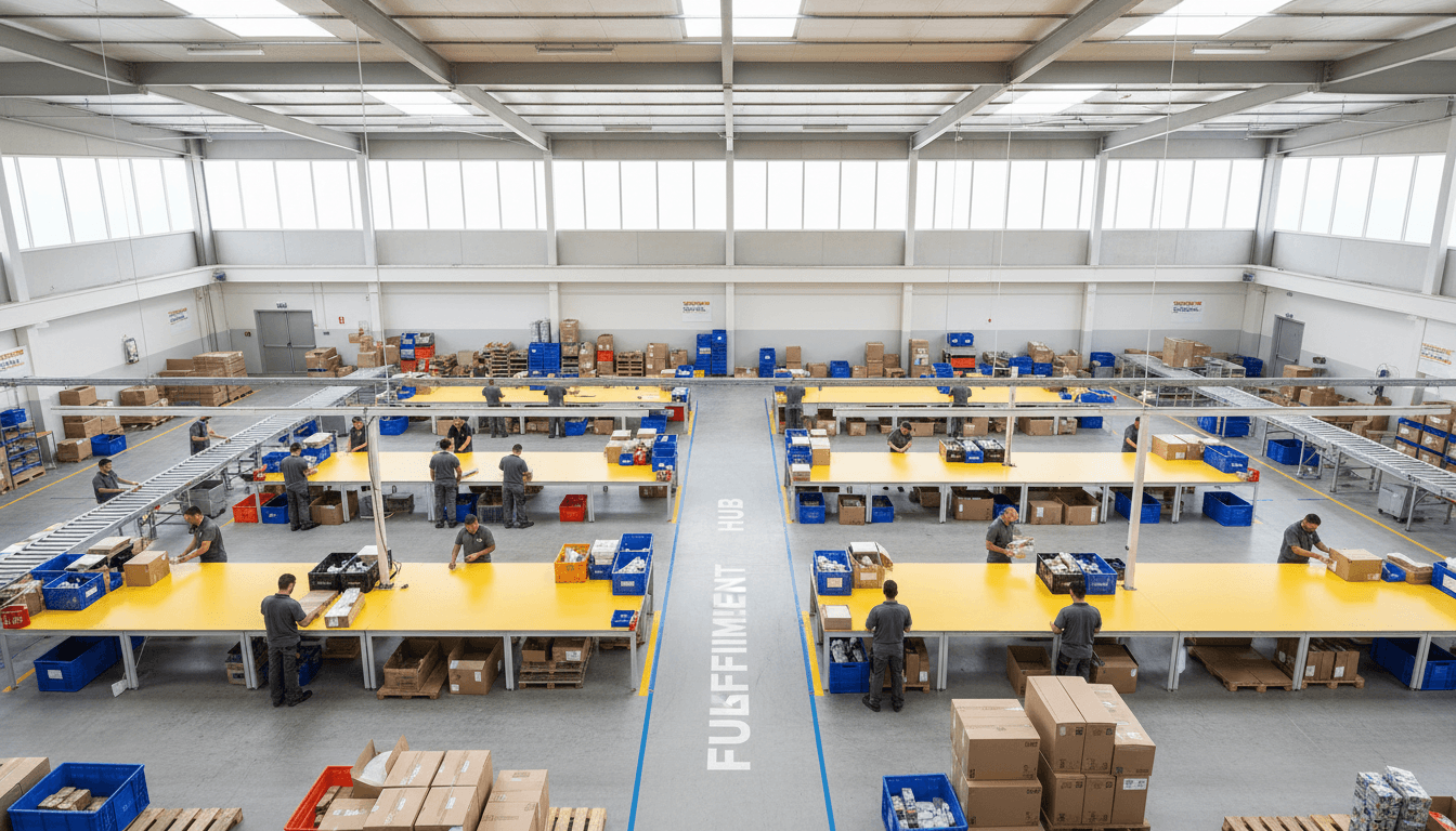 Employee packing orders with protective wrap at a packing station