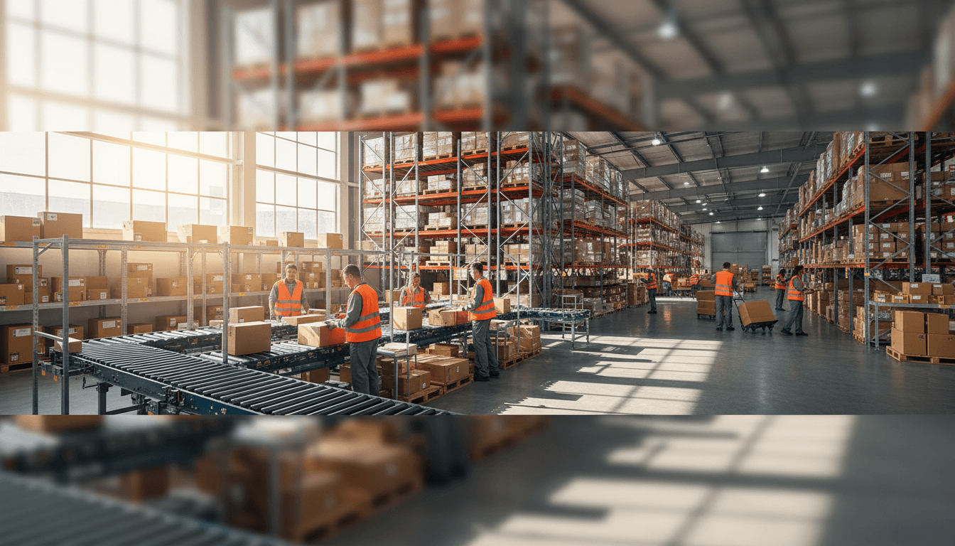 Worker moving cardboard boxes with a pallet jack in a clean warehouse