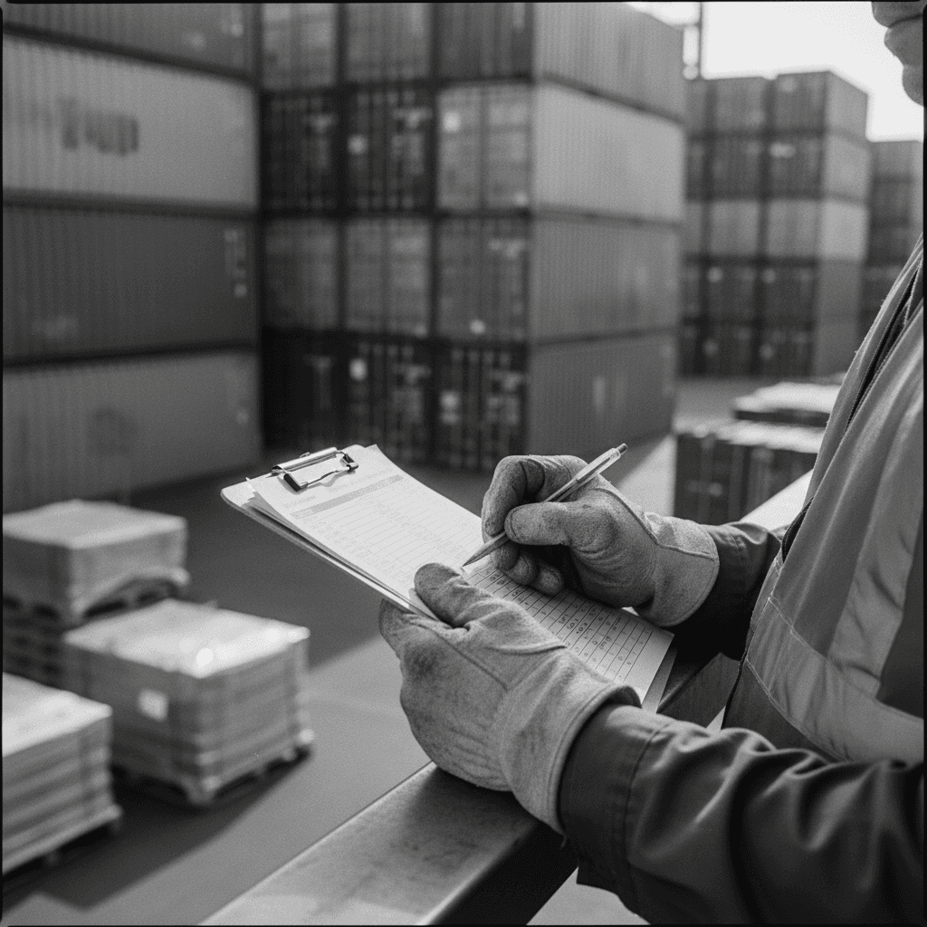 Warehouse manager reviewing a clipboard with a worker in a busy logistics facility