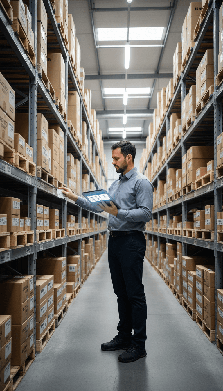 Warehouse worker reviewing inventory in a bright distribution center