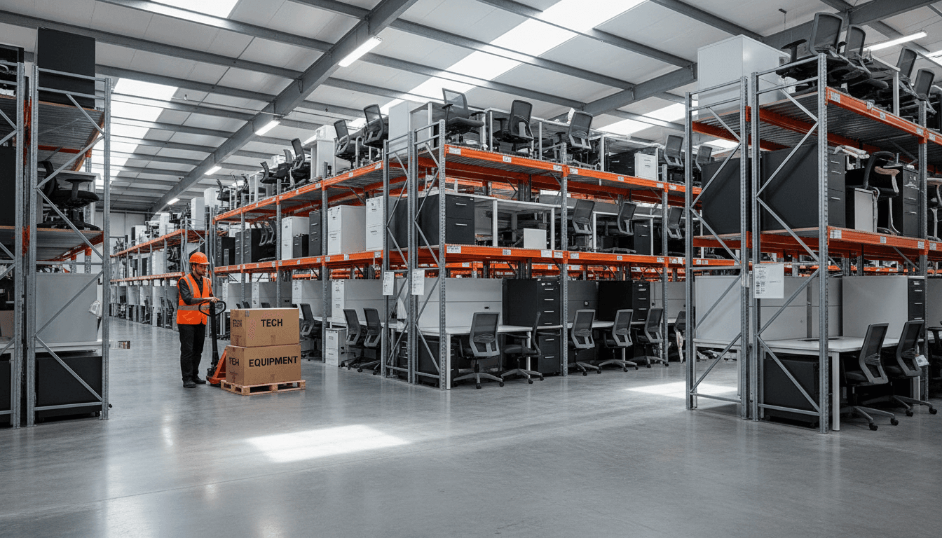 Warehouse worker moving boxes with a pallet jack