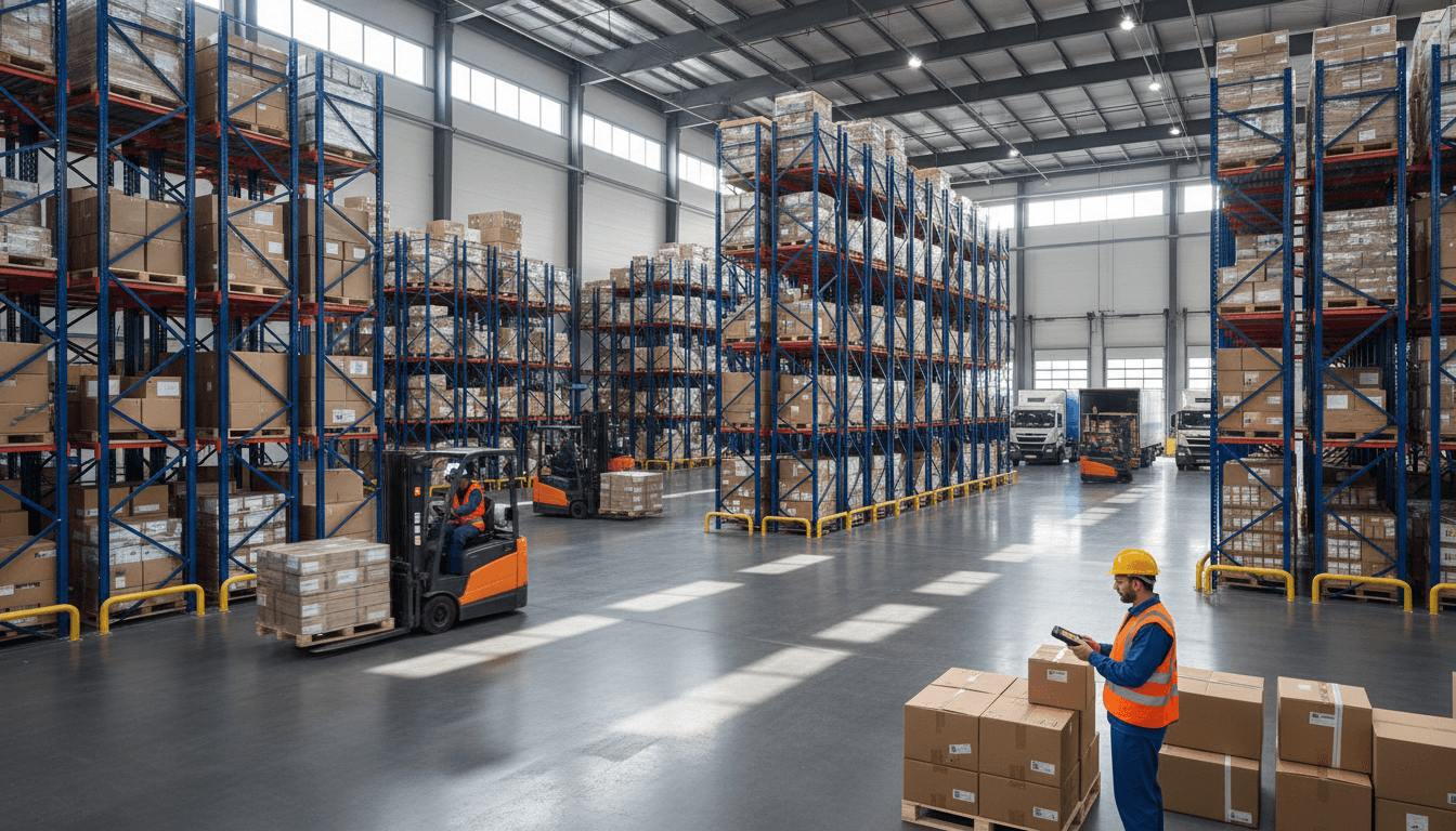 Warehouse worker using a forklift to move pallets in a large storage facility
