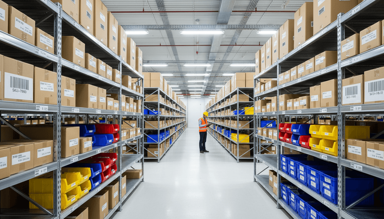 Organized warehouse aisles with labeled shelves and stacked pallets