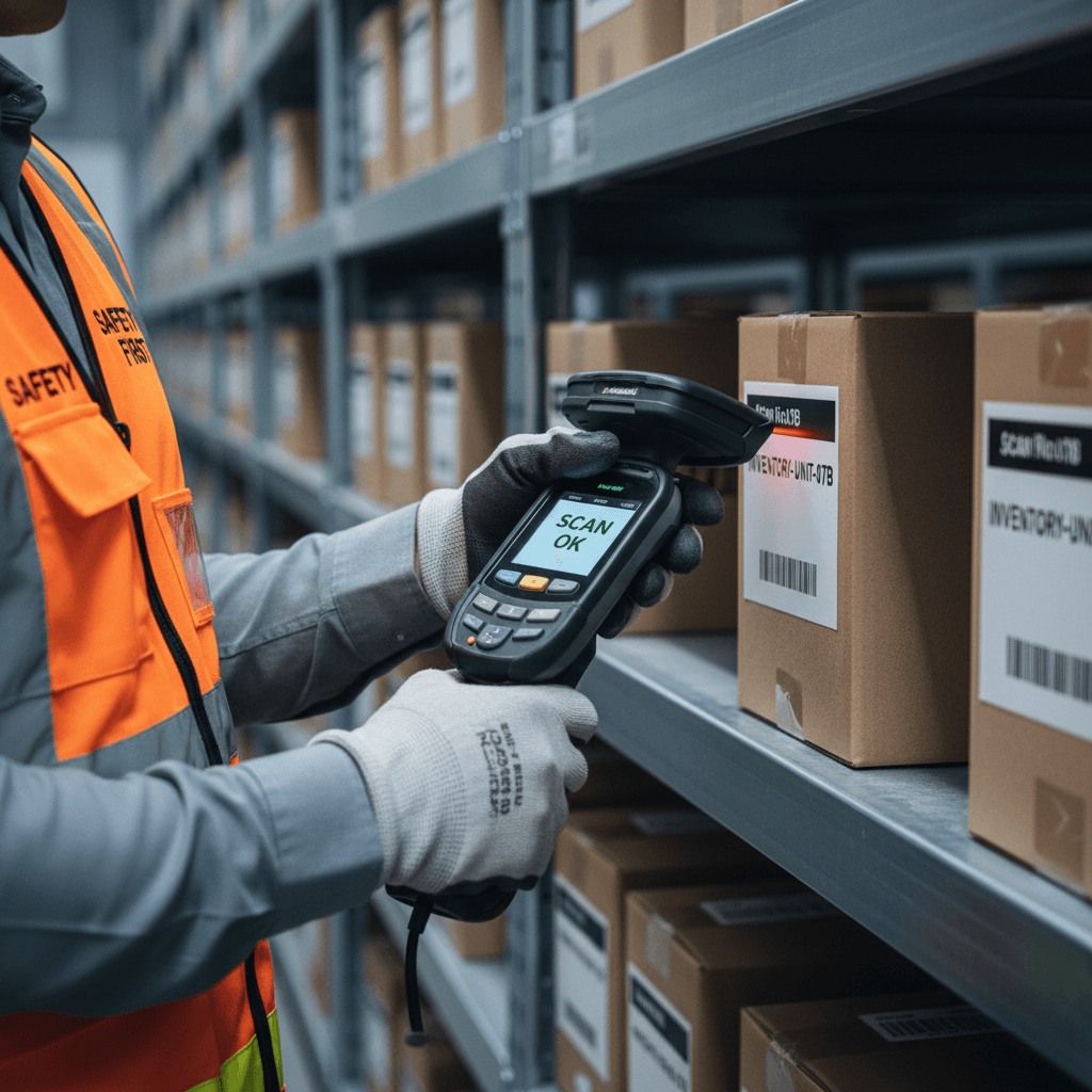 Warehouse worker scanning inventory with a handheld scanner in a modern distribution center